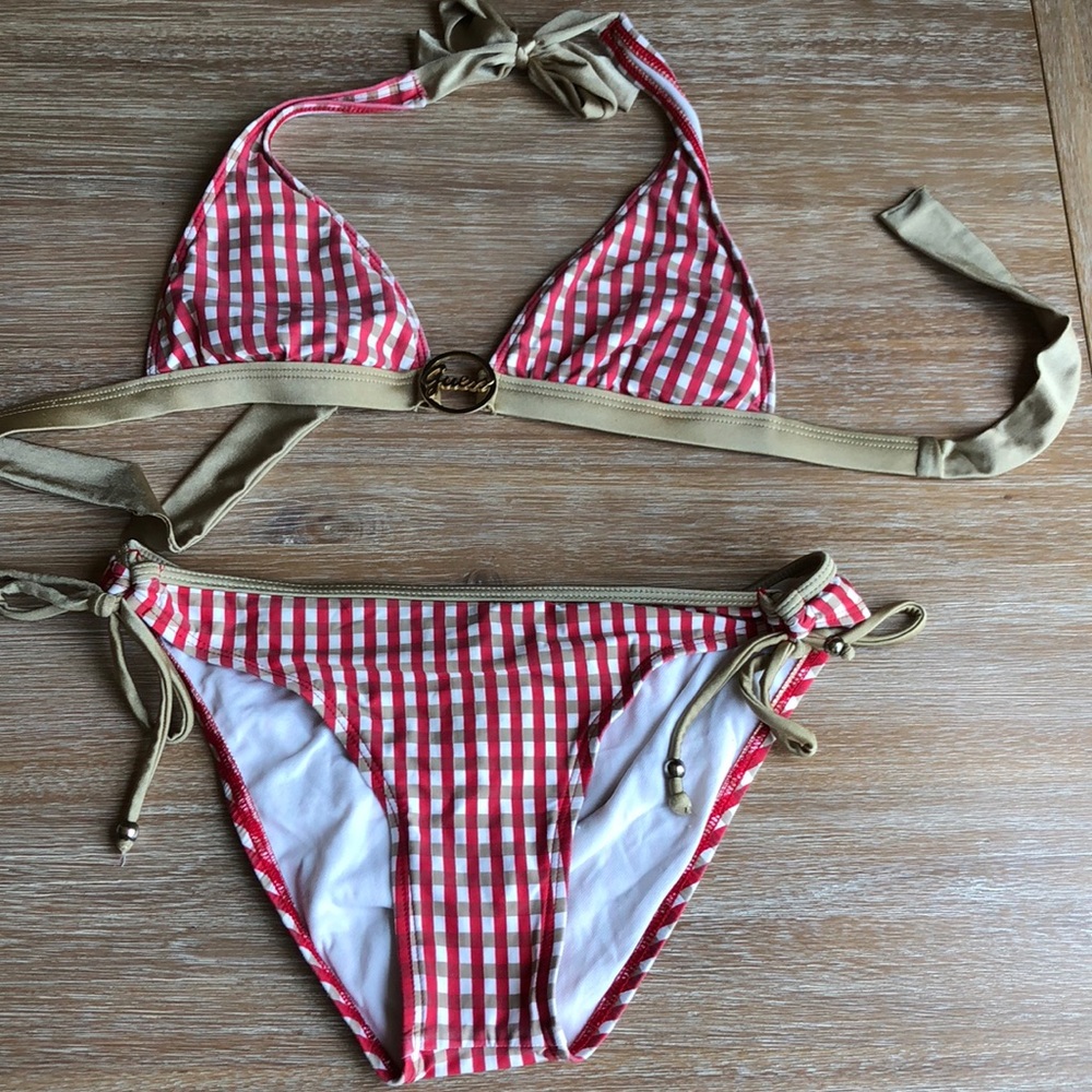 Red, white, and gold bikini swimsuit.